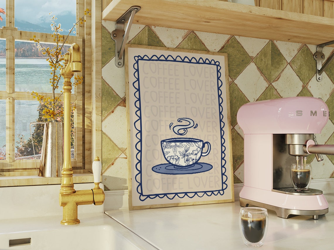 Coffee Lover Floral Teacup Navy Line Art Kitchen Wall Poster - Image 2