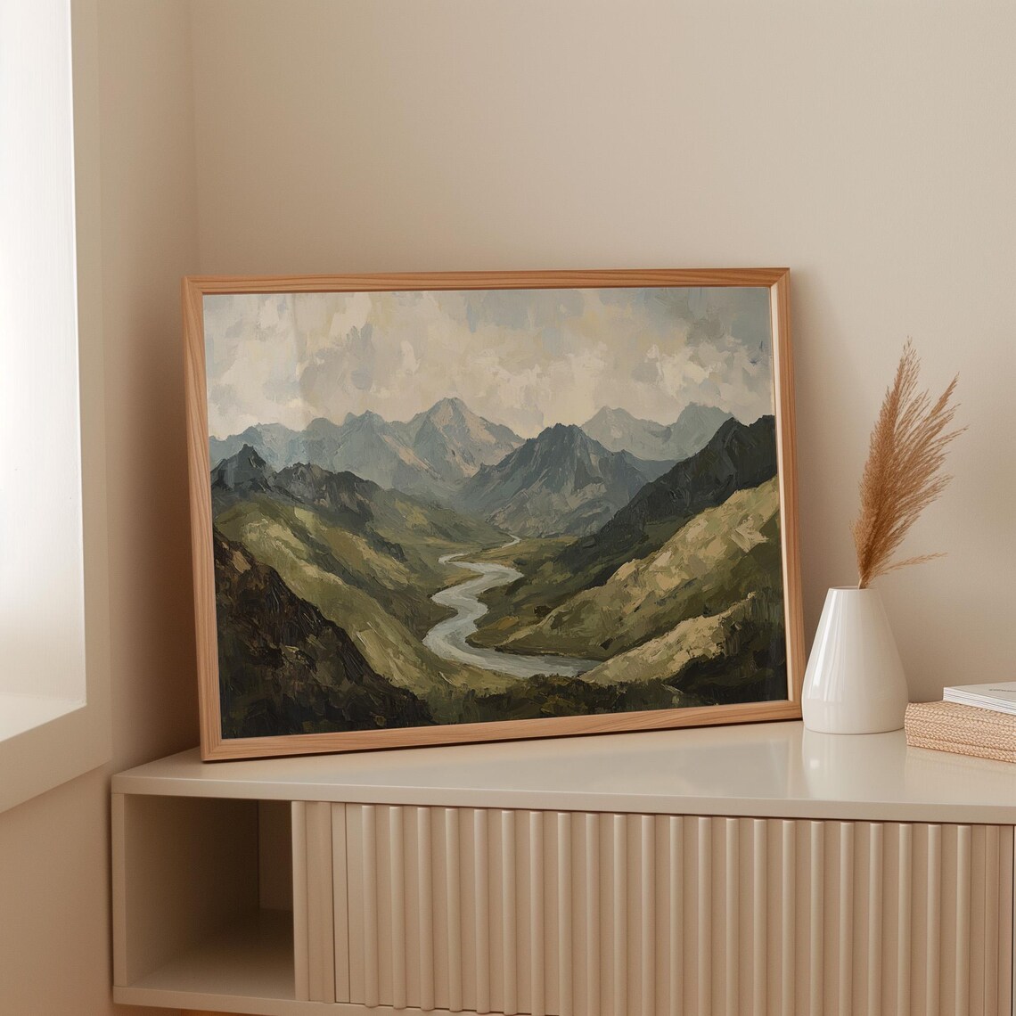 Serene River Valley Painting, Majestic Mountain Landscape - Image 3