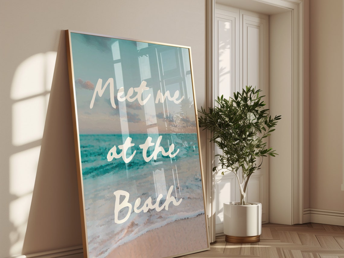 Meet Me At The Beach Dreamy Watercolor Ocean Script Coastal Poster - Image 2