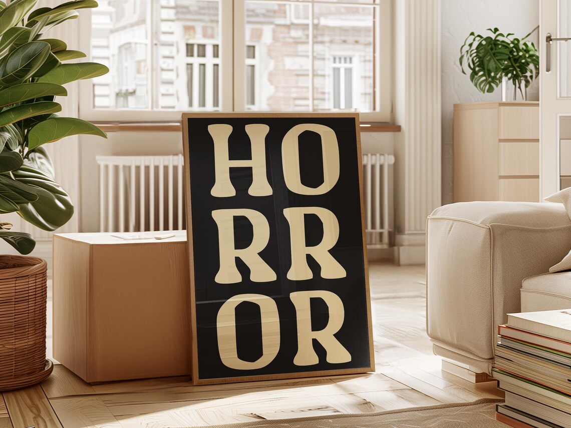 Horror Bold Cream Retro Lettering On Black Gothic Movie Night Decor Poster - Image 4