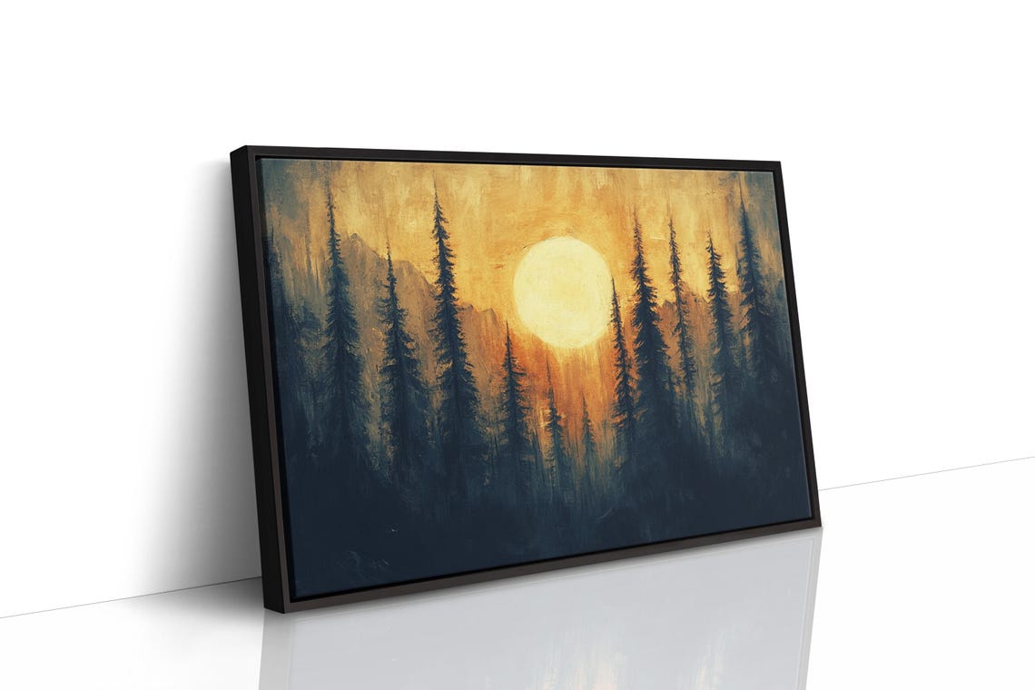 Golden Sunset Forest Painting Moody Pine Tree Wall Art Rustic Mountain Print Warm Nature Decor Scenic Landscape Artwork - Image 5