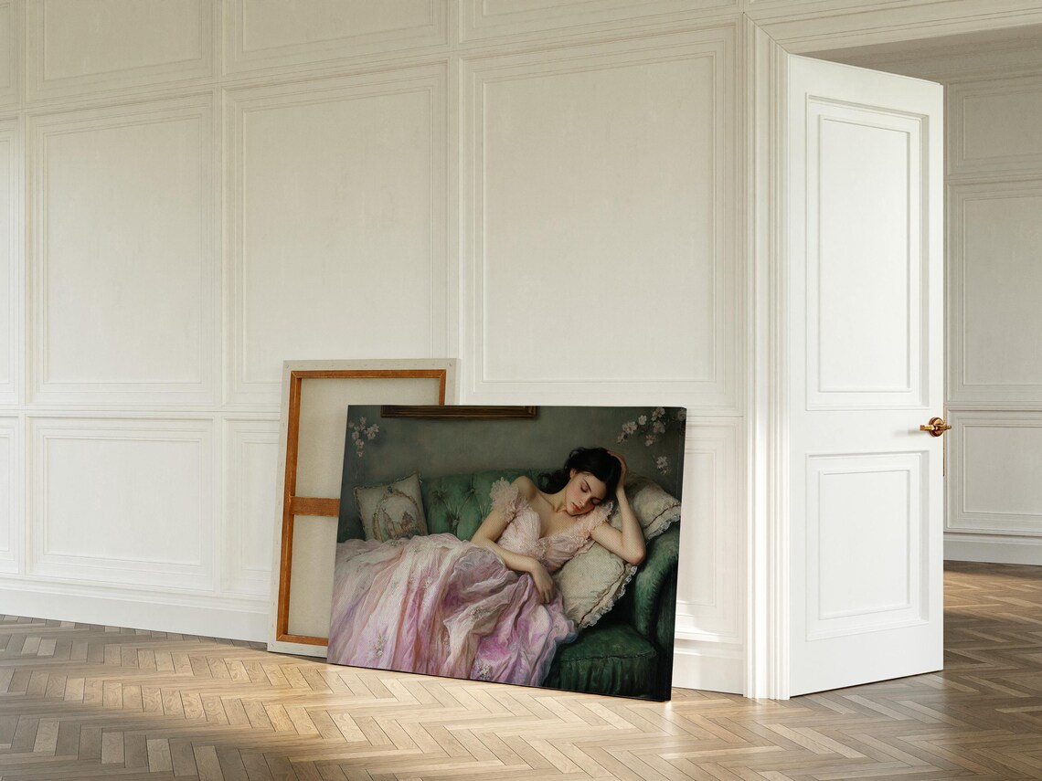 Romantic Lady in Pink Gown Reclining on Green Sofa Vintage Poster - Image 5