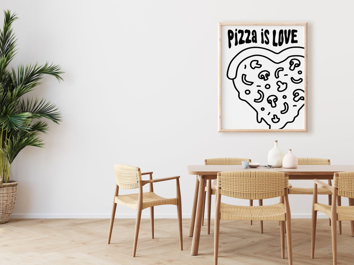 Pizza Is Love Heart Shaped Slice Fun Black White Kitchen Poster - Image 2