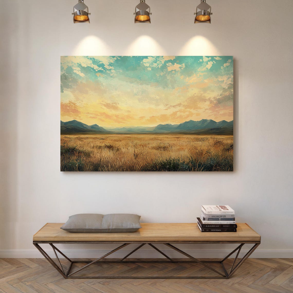 Golden Sunset Over Mountain Range In Serene Prairie Landscape Wall Art Print - Image 3