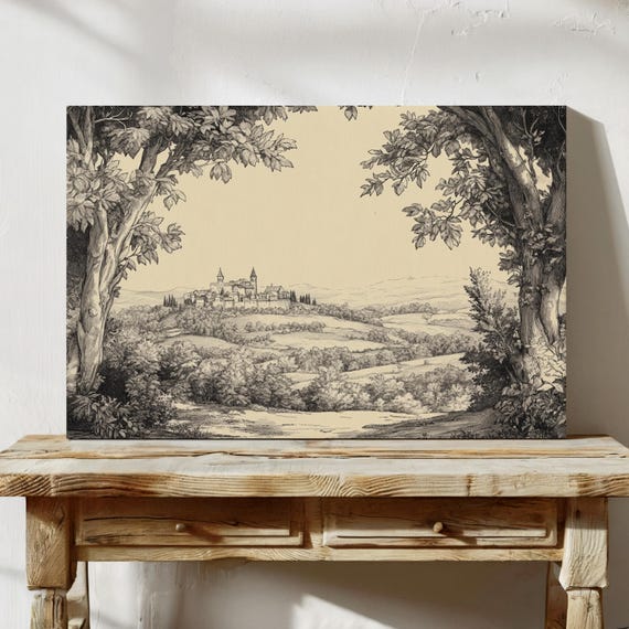 Vintage Countryside Village Art Print Monochrome Landscape Drawing Framed Castle View Through Trees Storybook Style Decor