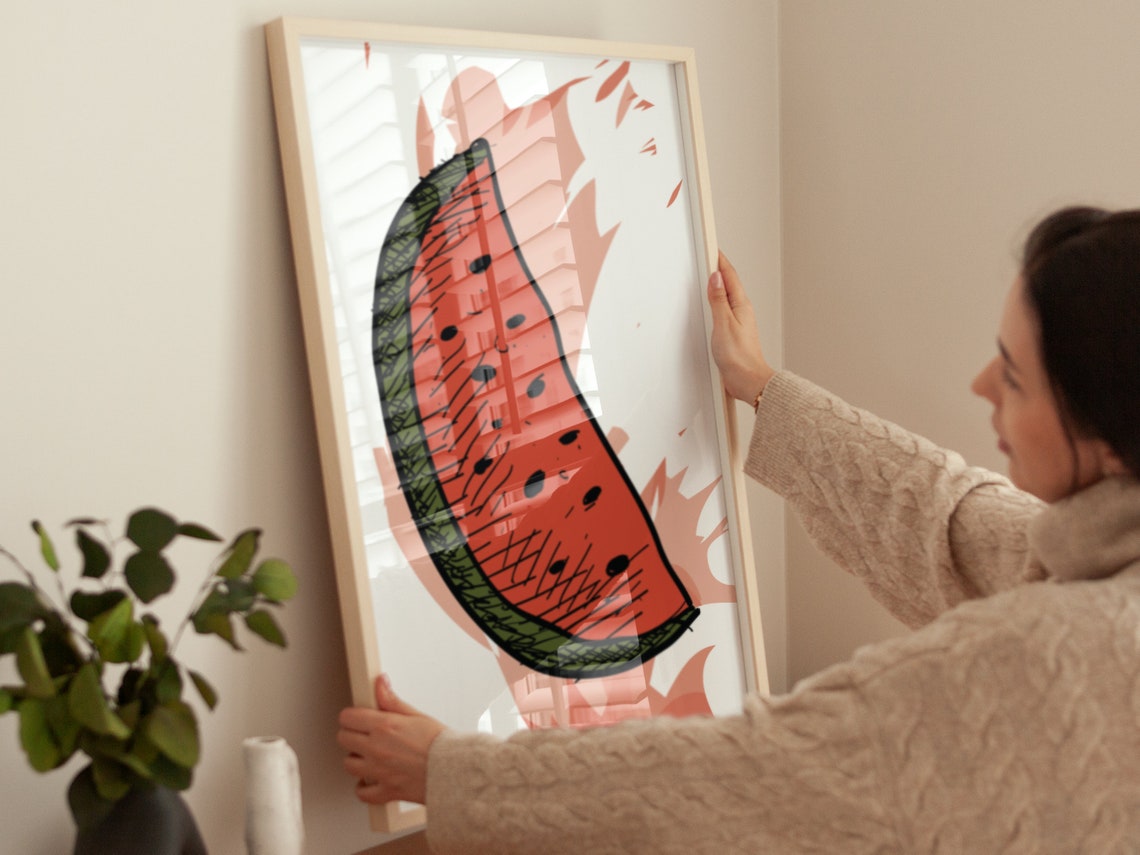 Watermelon Slice Hand Drawn Sketch Summer Kitchen Boho Fruit Wall Art - Image 2