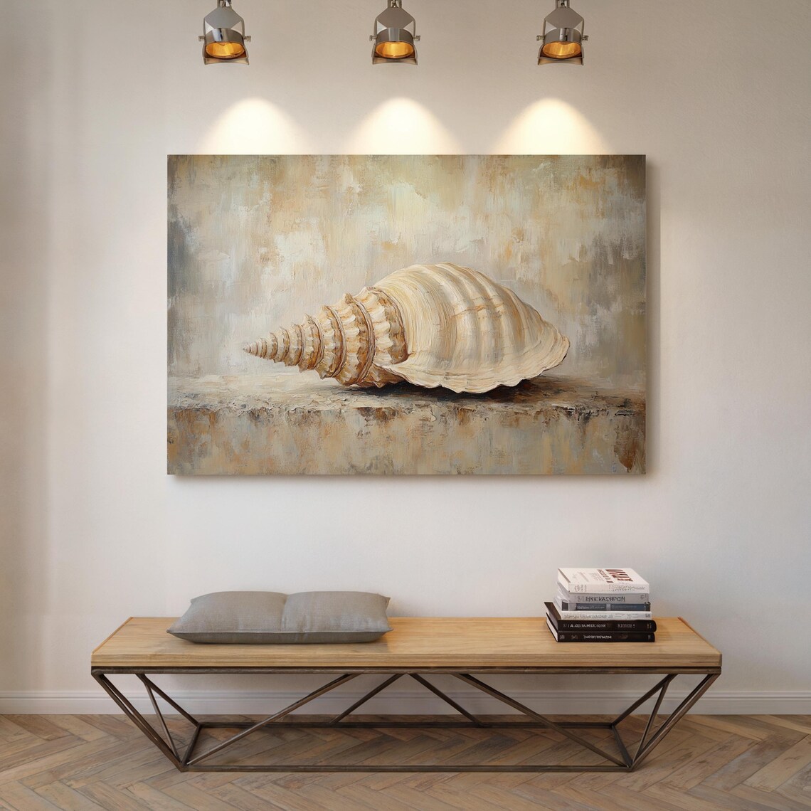 Elegant Oil Painting Of A Spiral Seashell With Neutral Tones On Textured Background - Image 2