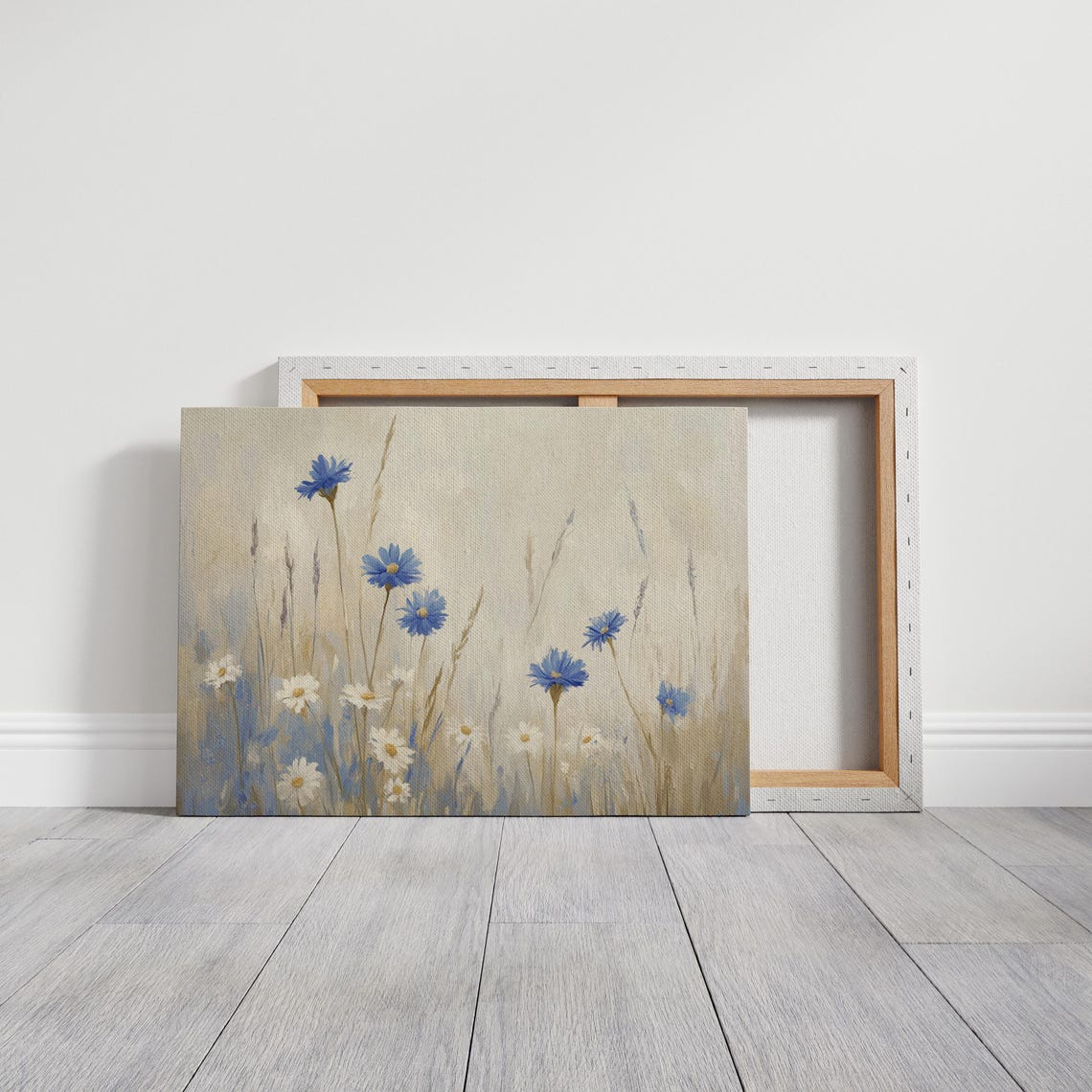Blue Cornflowers And Daisies Soft Beige Wildflower Meadow Wall Art - Image 3