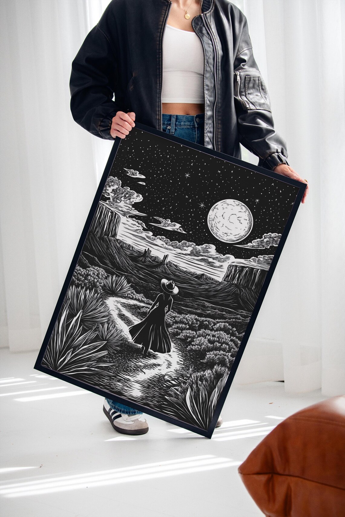 Cowgirl Desert Night Walk, Western Moonlit Landscape Print - Image 2