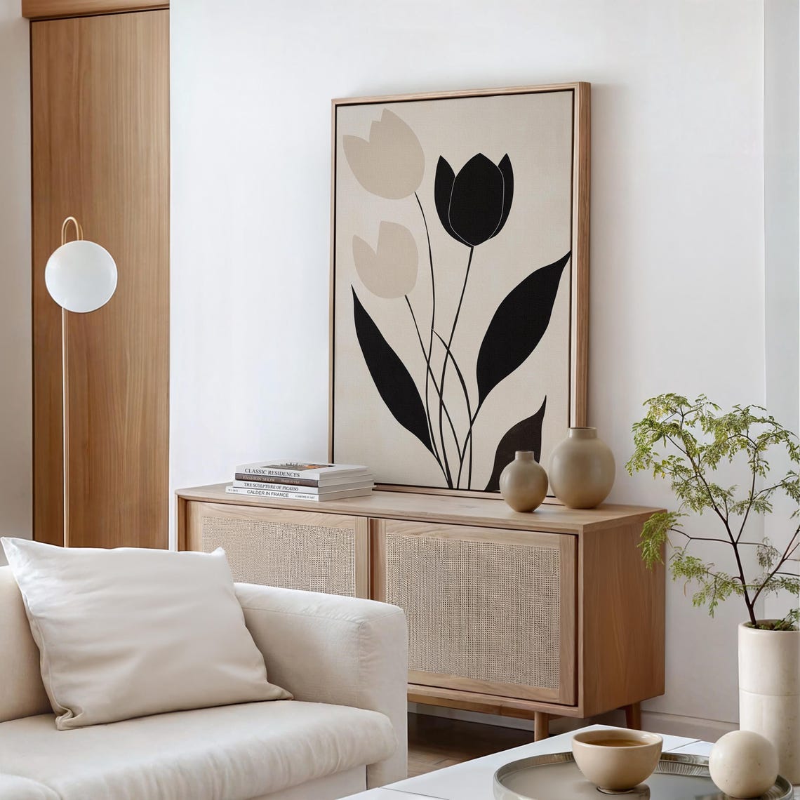Minimalist Tulip Black Beige Line Art Modern Floral Wall Poster - Image 2