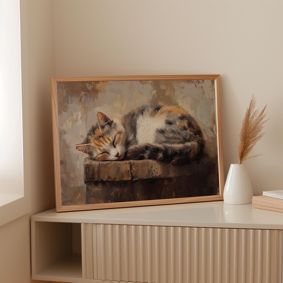 Cozy Calico Cat Sleeping Rustic Pet Art Print - Image 2