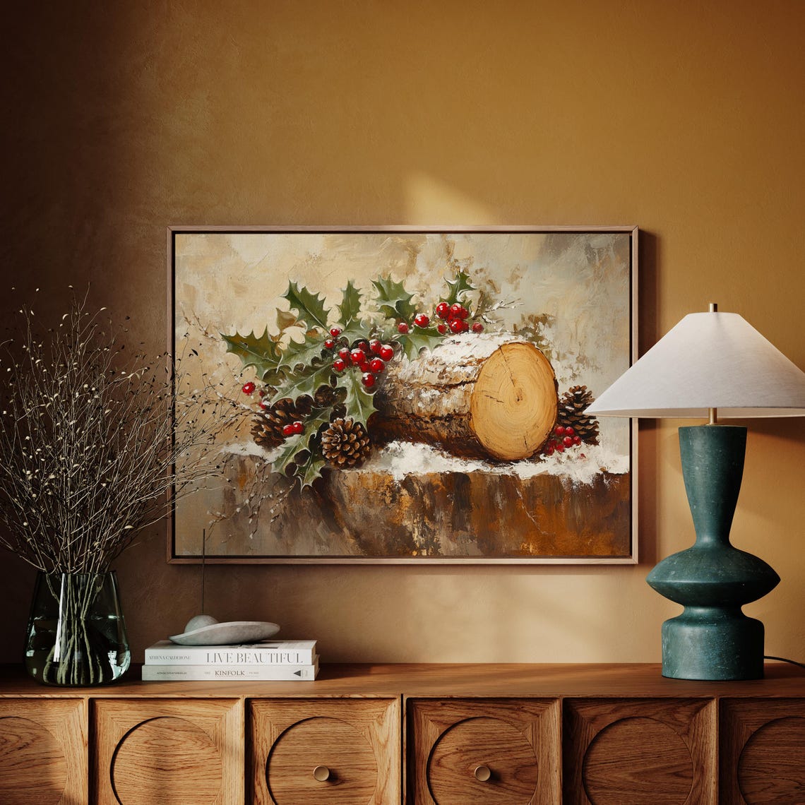 Rustic Christmas Log With Holly Berries And Pinecones Holiday Print - Image 2