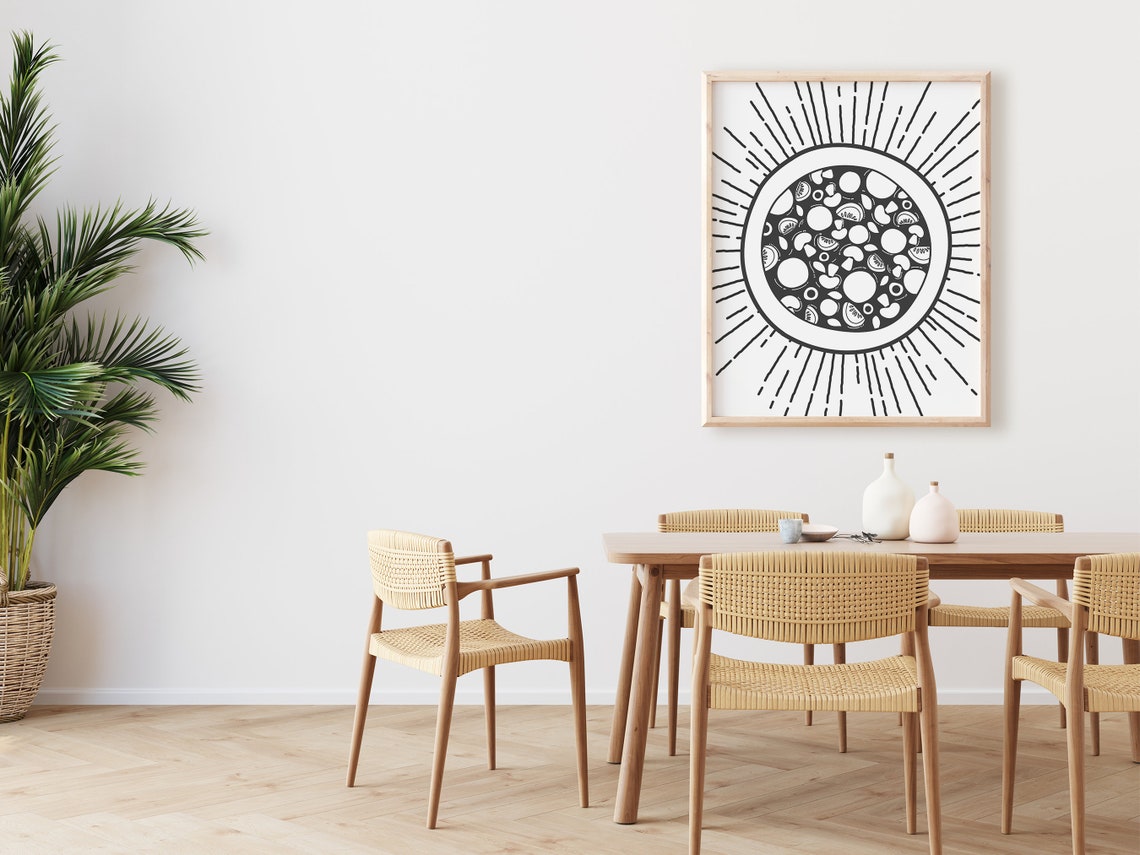 Black White Pizza Slice Line Art Circle Sunburst Kitchen Poster - Image 2