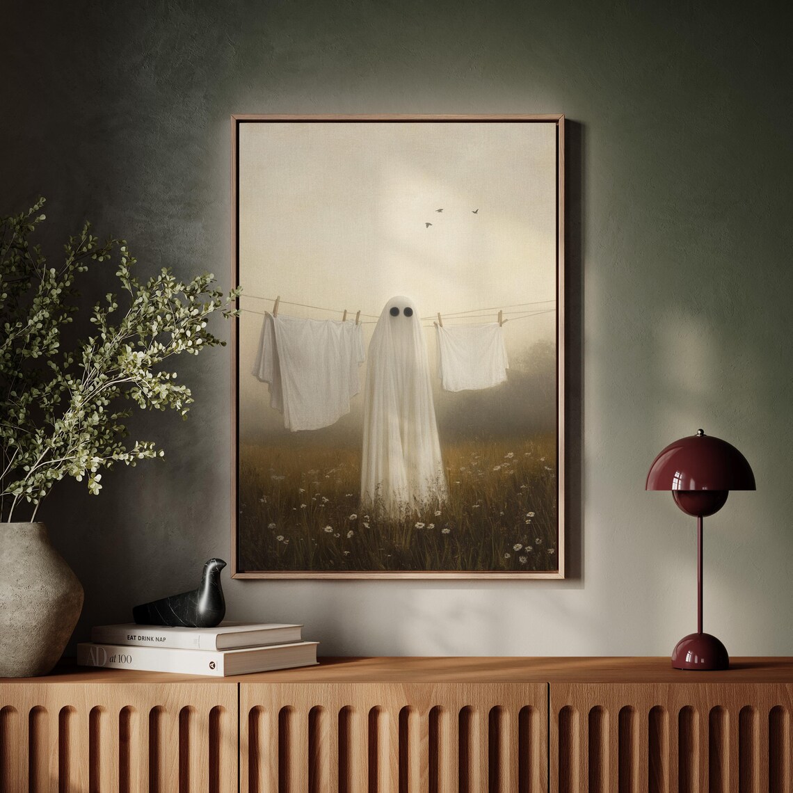 Ghost In Laundry Field, Whimsical Spooky Country Scene - Image 5