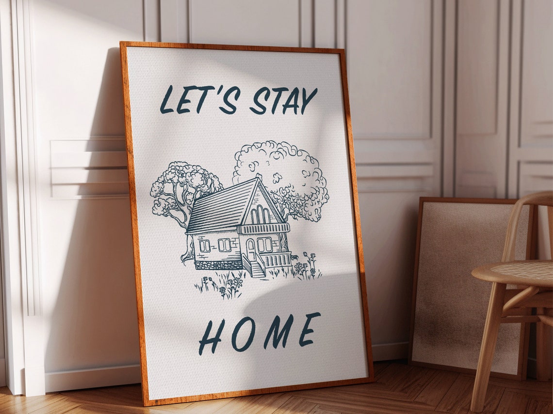 Let's Stay Home Cozy Cottage House Line Drawing Wall Art Poster - Image 2