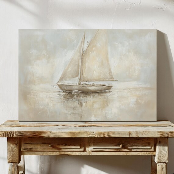 Elegant Sailboat Wall Art Print Neutral Nautical Painting Minimalist Coastal Artwork Tranquil Ocean Decor For Home Or Office
