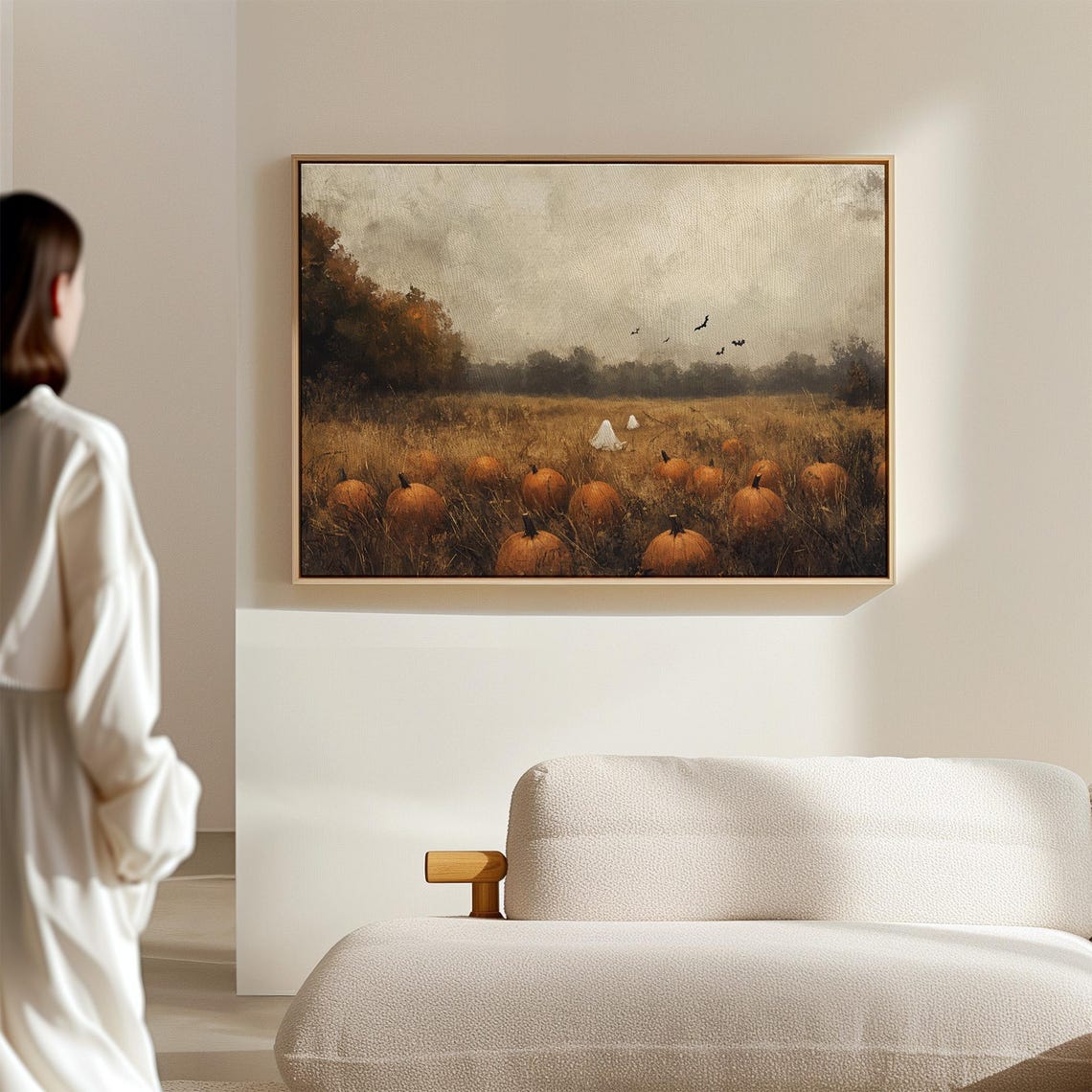 Ghost In Pumpkin Field Misty Autumn Landscape Halloween Wall Art - Image 2