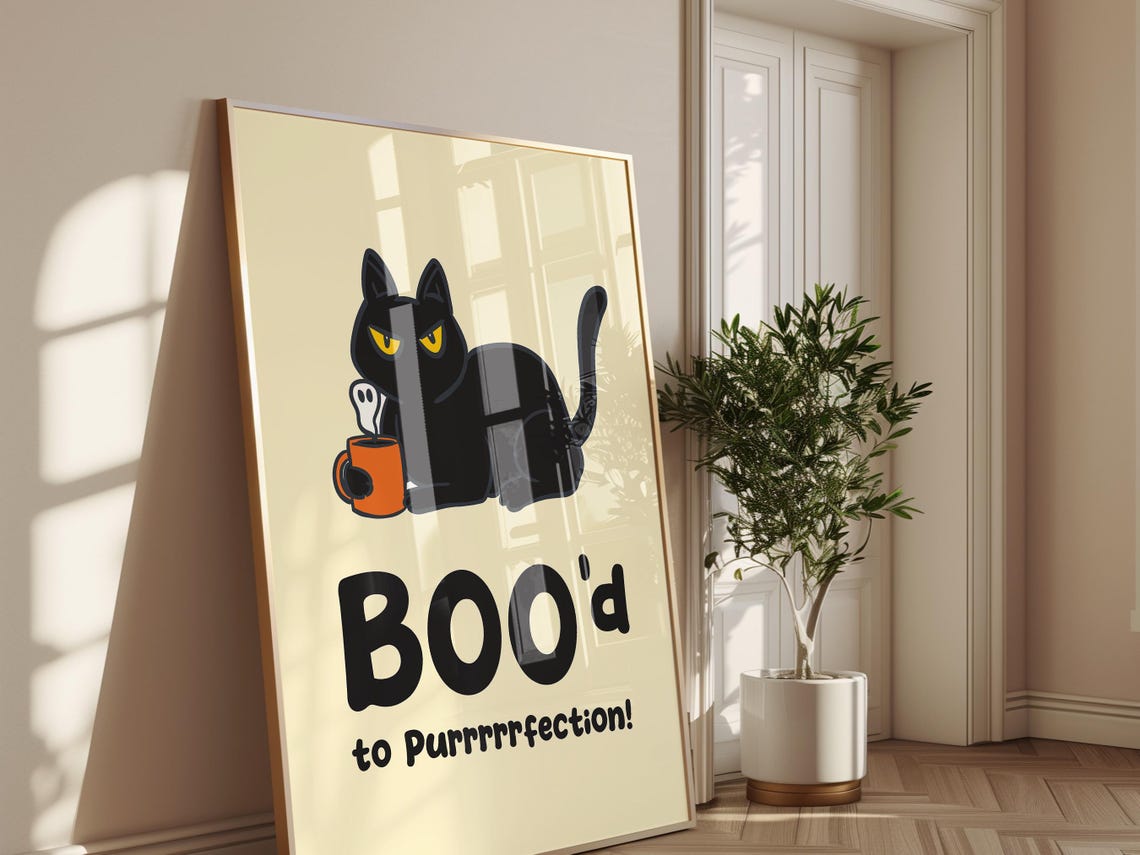 Bood To Purrrrfection Halloween Cat Poster Funny Black Cat Wall Art Cute Spooky Decor For Living Room Kids Room Or Halloween Party - Image 2