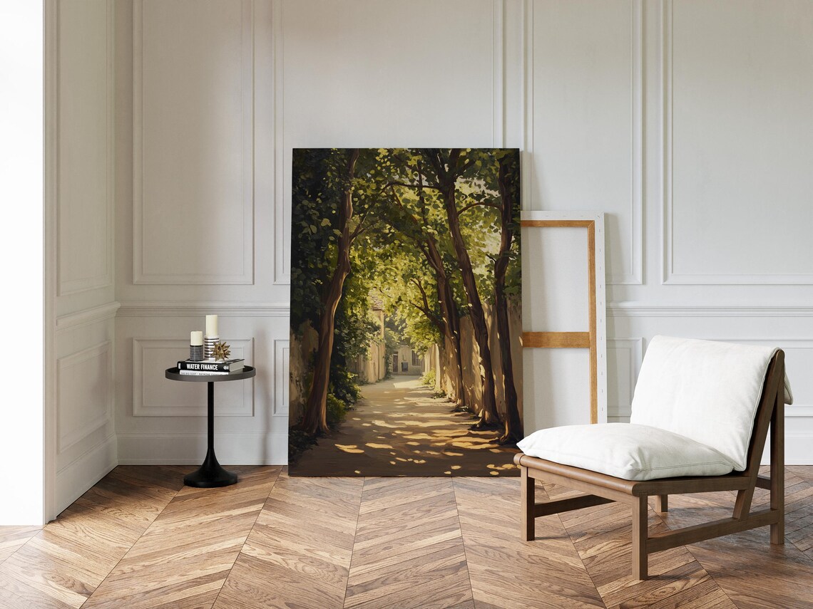 Sunlit Pathway Through Lush Trees Oil Painting Tranquil Landscape Wall Art For Rustic Nature Inspired Home Decor Wall Art Print - Image 3