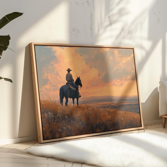 Cowboy Sunset Horseback Art Western Ranch Landscape Print Rustic Farmhouse Wall Decor Lone Rider Country Style Painting