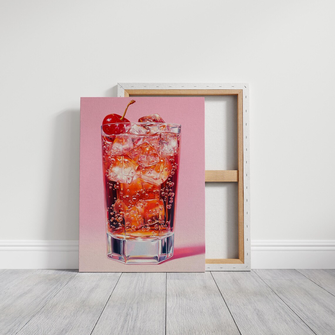 Realistic Cherry Soda Still Life Art Sparkling Beverage Painting With Ice Cubes On Pink Background For Modern Wall Decor - Image 4