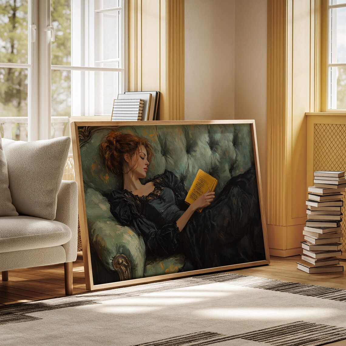 Woman Reading Black Dress Green Sofa Victorian Oil Painting Art Poster - Image 3