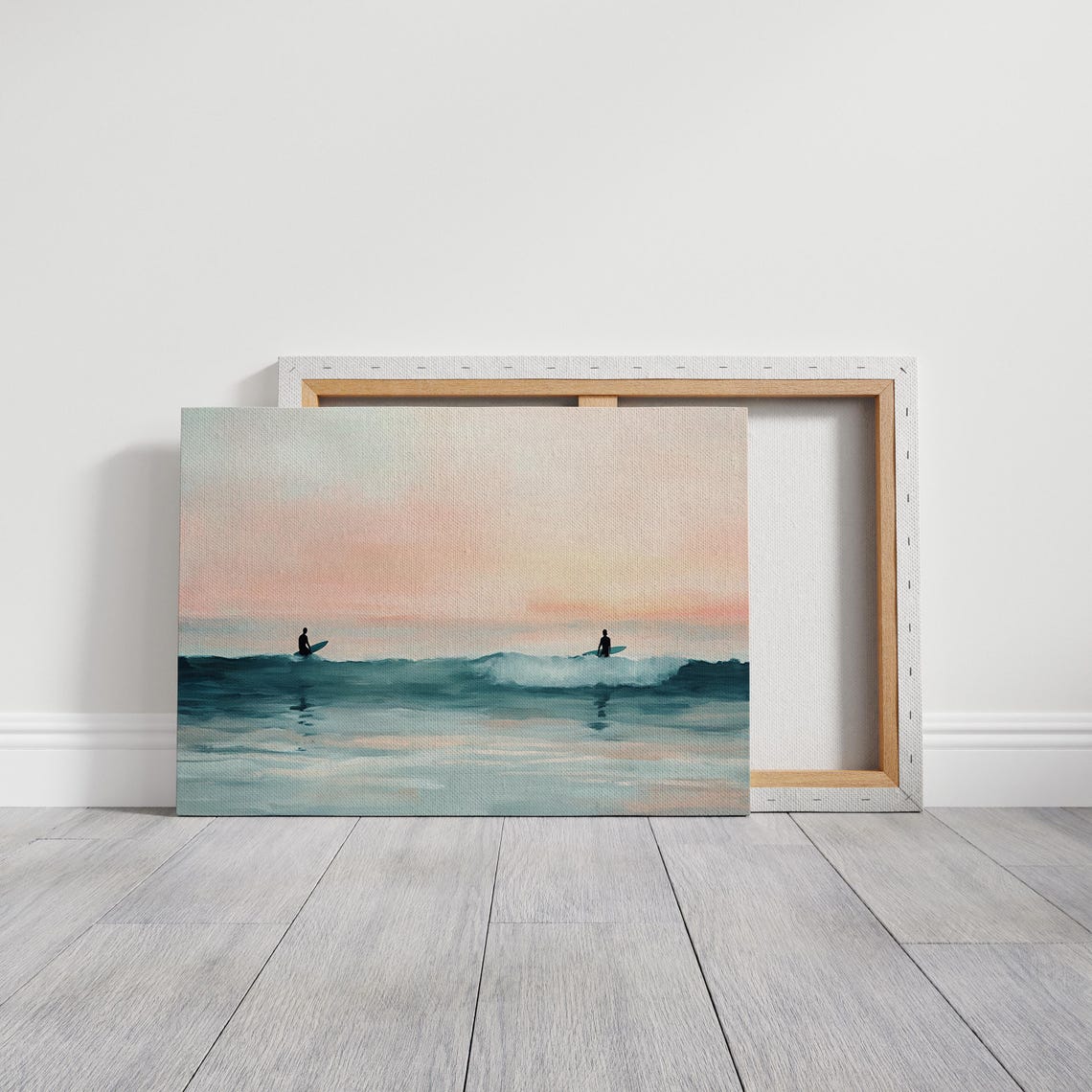 Two Surfers At Sunset Pastel Ocean Waves Silhouette Art Poster - Image 5