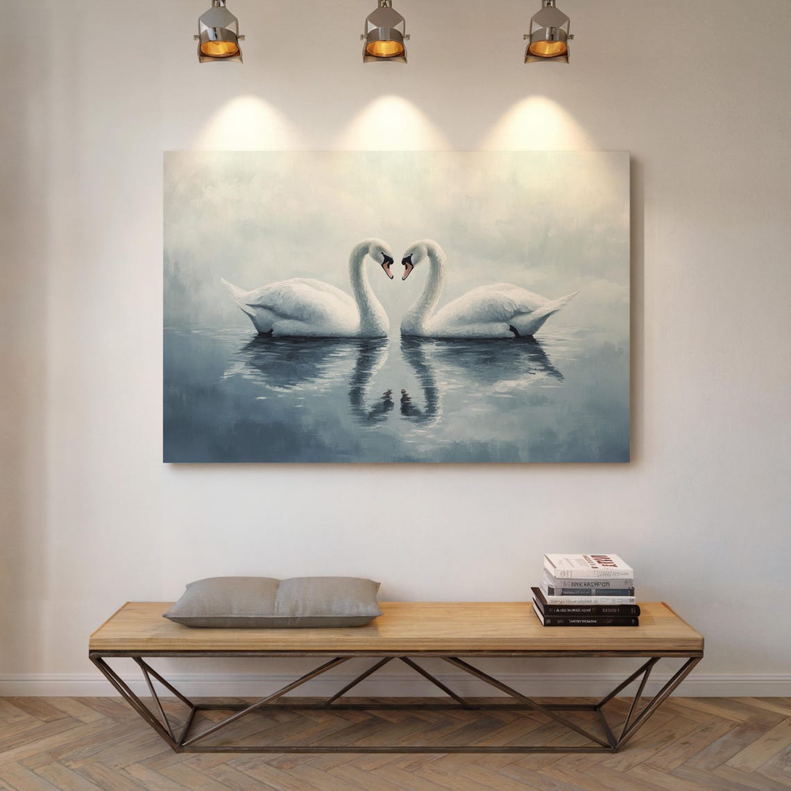 Two Swans Forming Heart Shape Misty Lake Romantic Animal Art Poster - Image 3