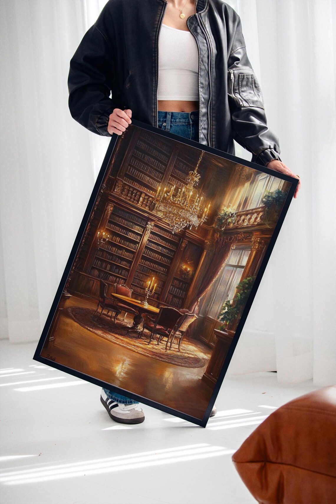 Grand Library Interior Chandelier Books Regal Room Art Poster - Image 3