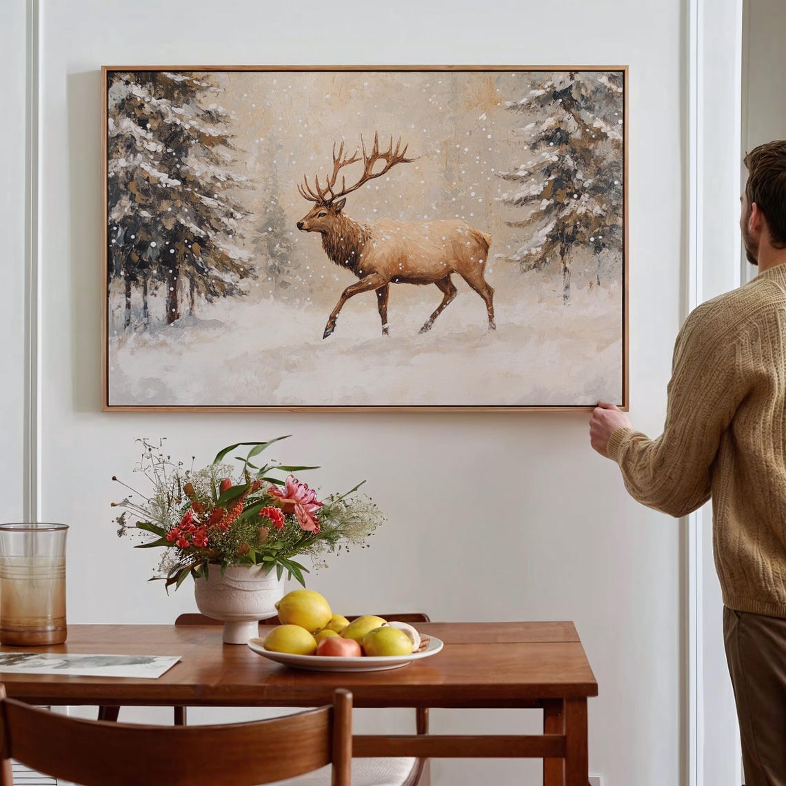 Young Elk In Snow Covered Winter Forest Lodge Wildlife Painting Print - Image 5
