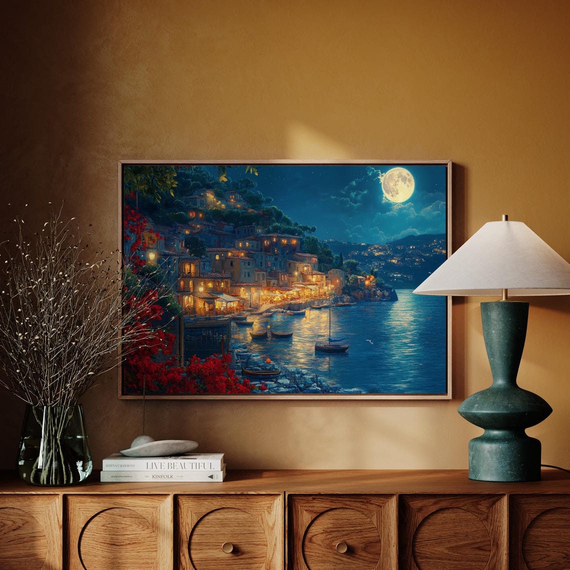 Moonlit Coastal Village Night Boats Lights Red Flowers Poster - Image 2