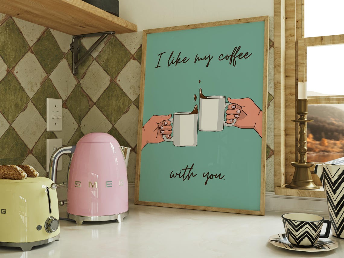 I Like My Coffee With You Romantic Teal Couple Coffee Quote Poster Art - Image 4