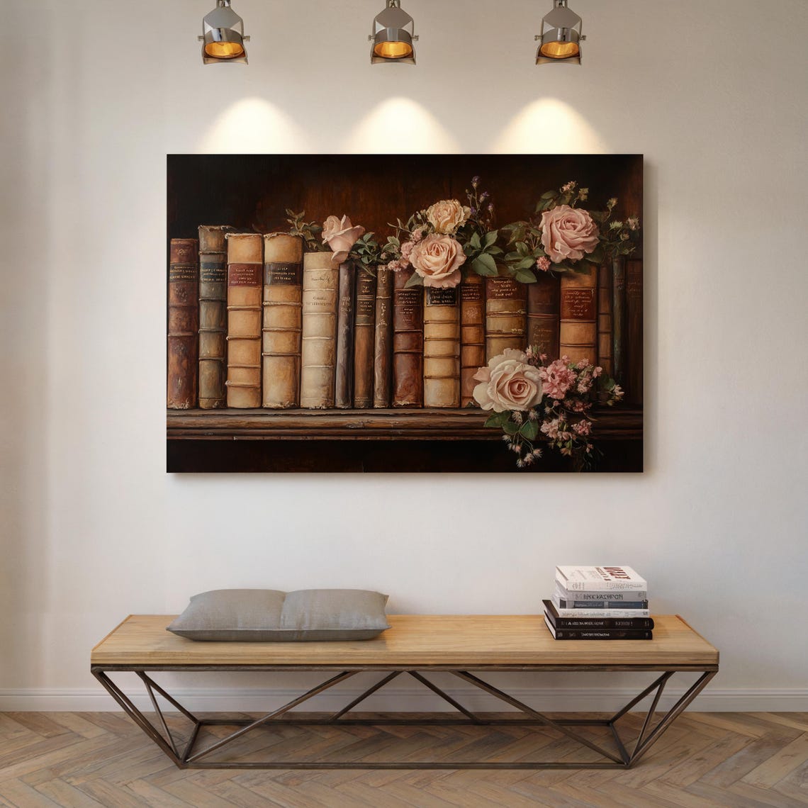 Antique Books Shelf With Pink Roses Vintage Literary Wall Art - Image 5
