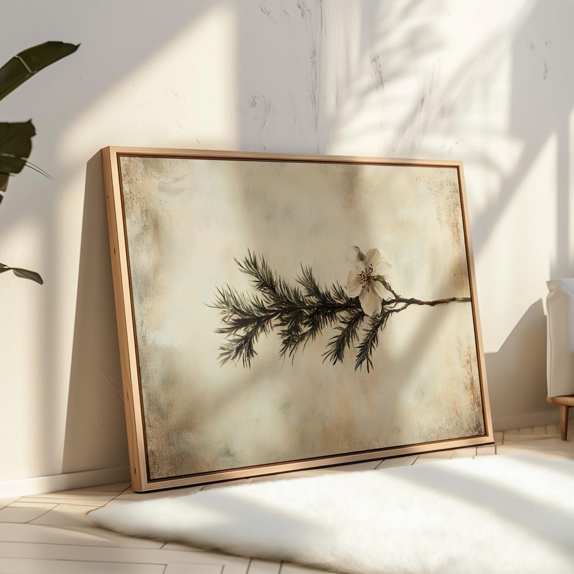 Minimalist Botanical Pine Branch White Blossom Rustic Nature Print - Image 5