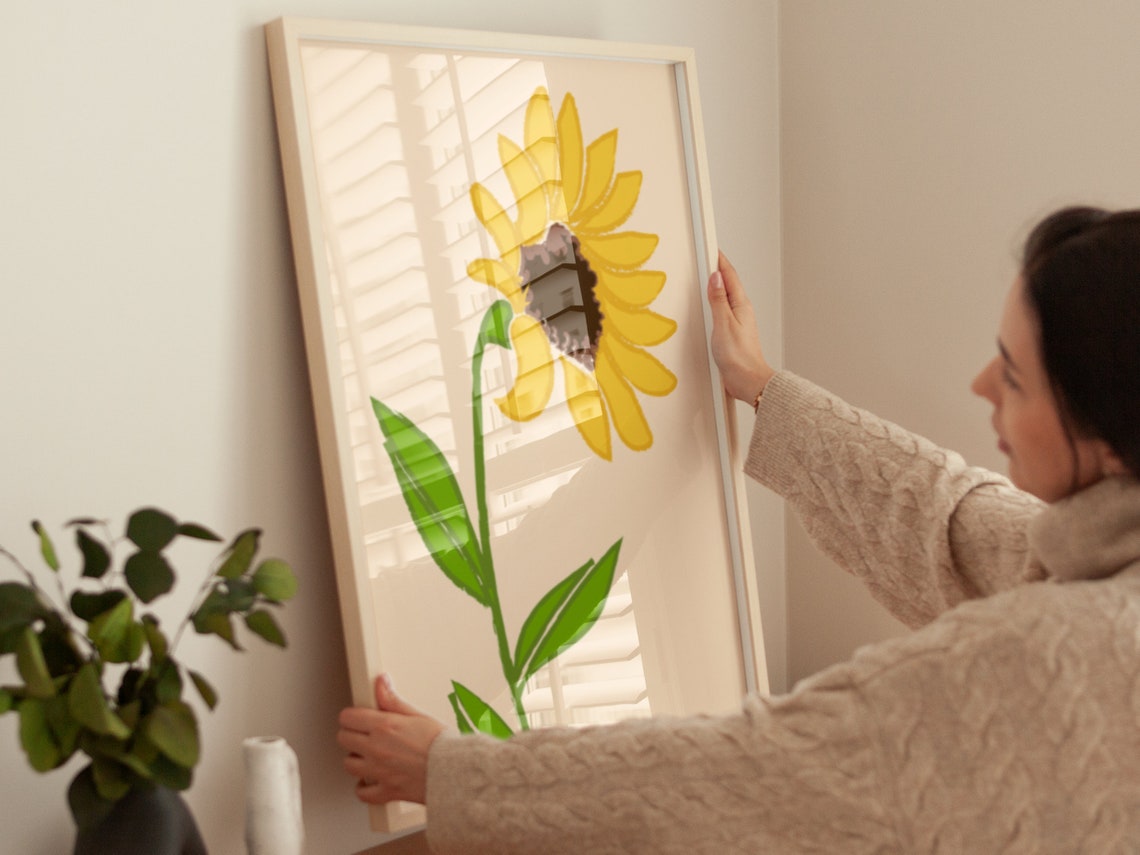 Hand Painted Sunflower Tall Stem Cream Farmhouse Botanical Art Poster - Image 3