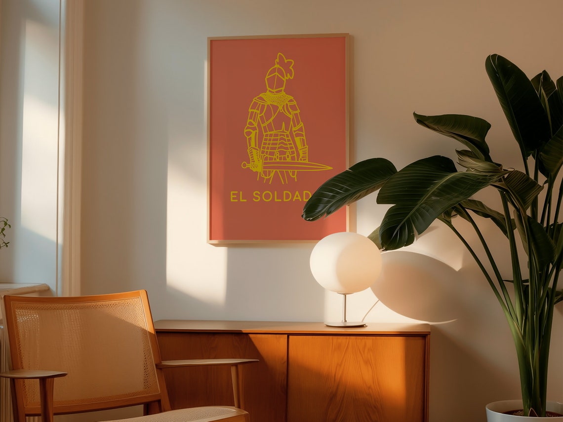 El Soldado Armored Knight Sword Mexican Loteria Coral Wall Art Print - Image 4