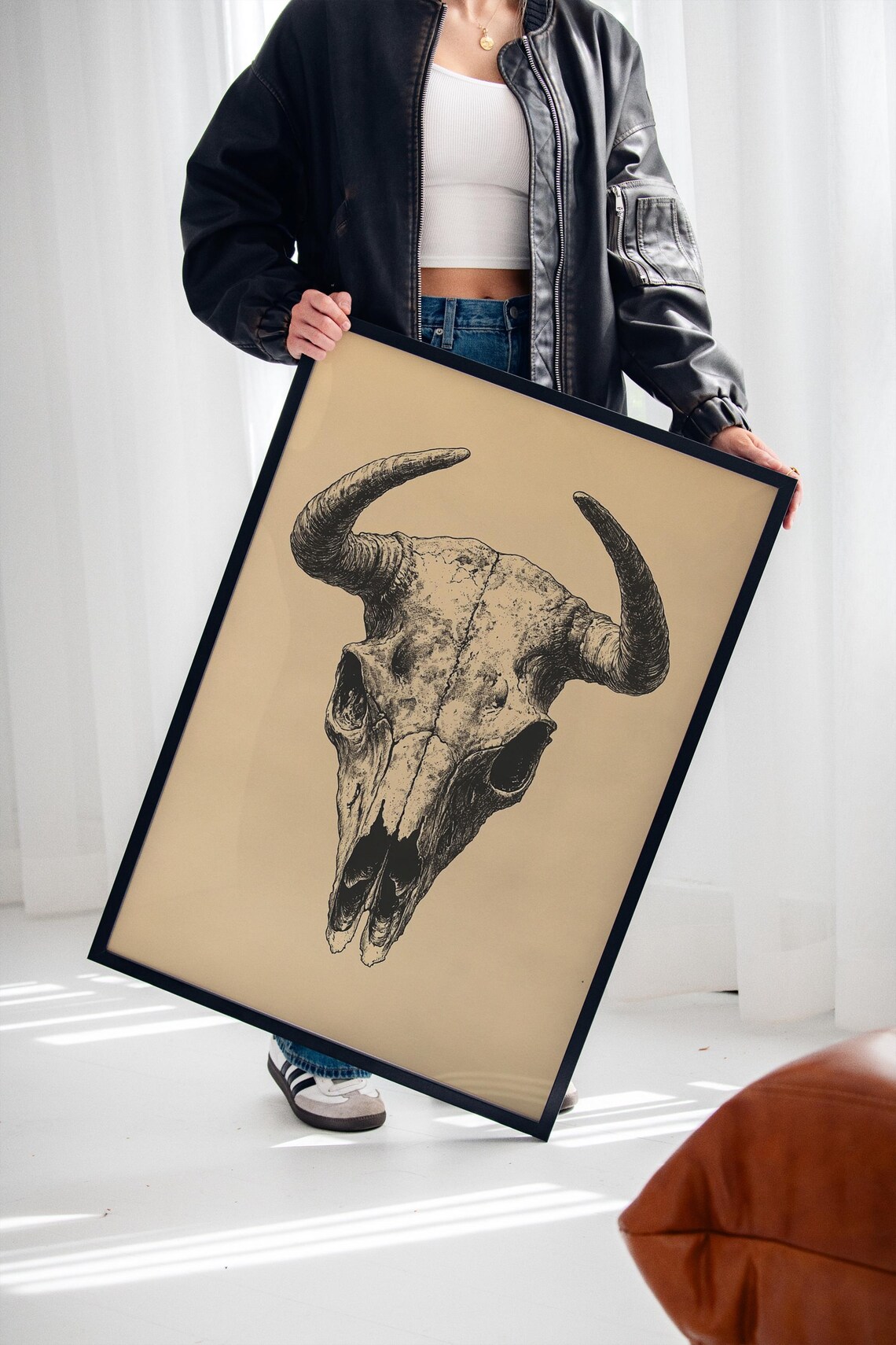 Rustic Buffalo Skull With Long Horns Western Ink Illustration Poster - Image 4