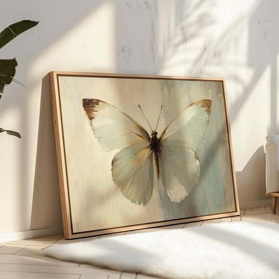 Soft Neutral Butterfly Painting Minimalist Nature Wall Art Vintage Insect Print Elegant Botanical Decor Rustic Farmhouse Artwork