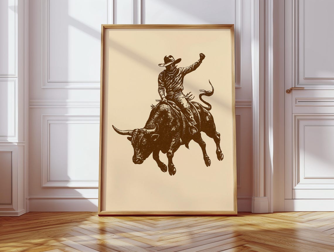 Cowboy Bull Riding Poster, Rustic Western Silhouette