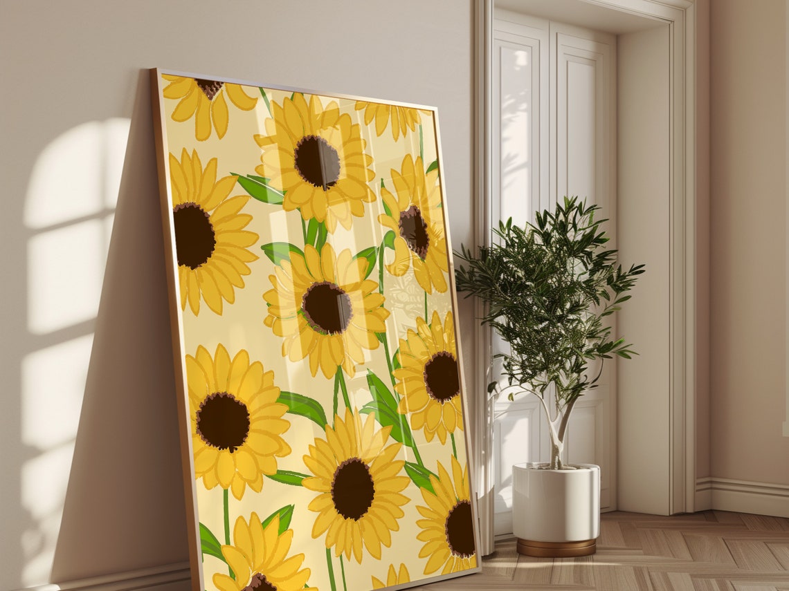 Bright Yellow Sunflower Pattern Cream Cheerful Botanical Poster