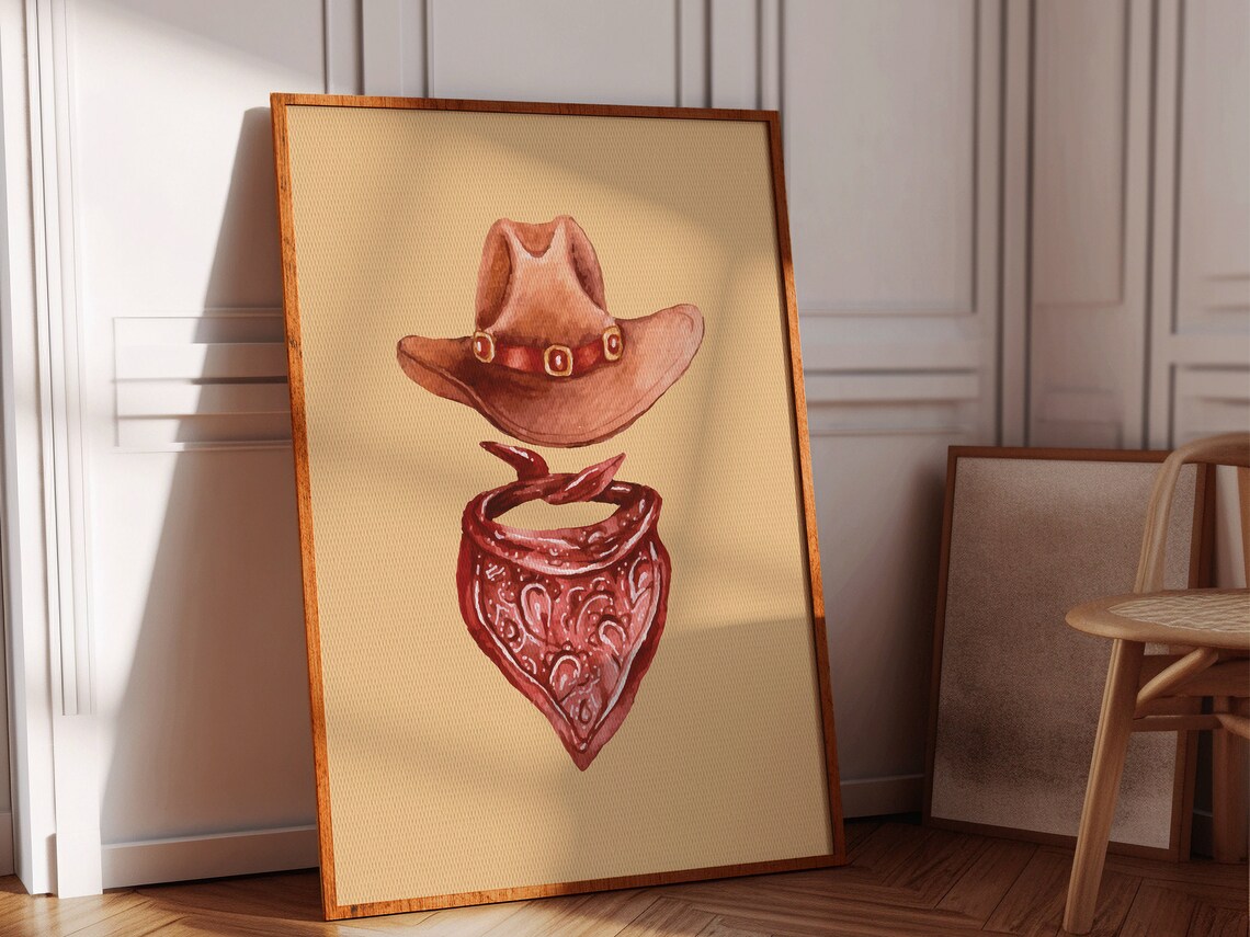 Cowboy Hat and Red Bandana Watercolor Western Ranch Wall Art Poster - Image 4
