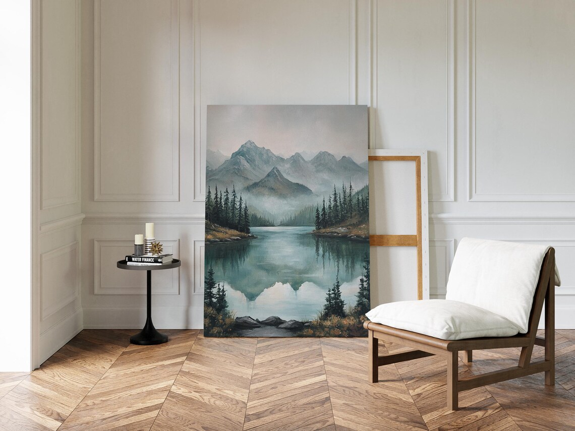 Tranquil Mountain Lake, Misty Forest Landscape Art Print - Image 3