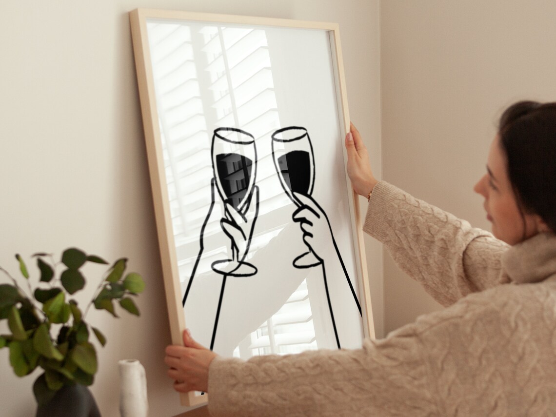 Red Wine Toast Cheers Hands Minimalist Line Art Kitchen Bar Wall Art Print - Image 4
