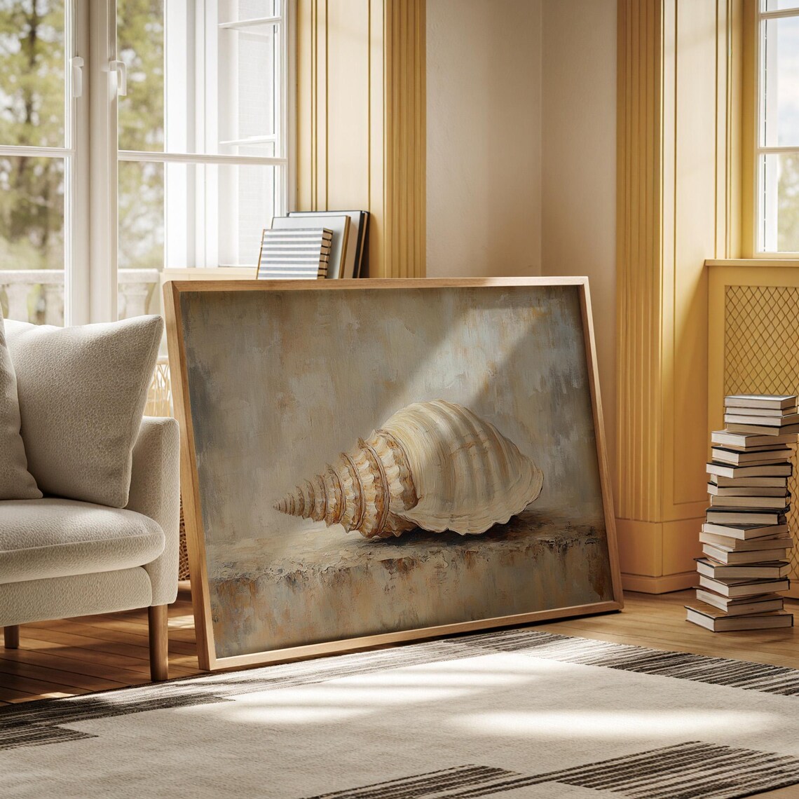 Elegant Oil Painting Of A Spiral Seashell With Neutral Tones On Textured Background - Image 3