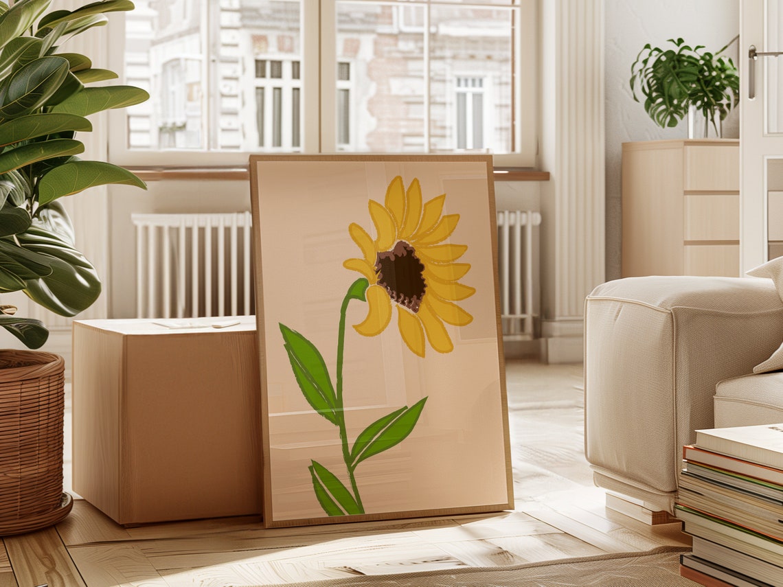 Tall Yellow Sunflower Long Stem Cream Illustrated Floral Poster - Image 4