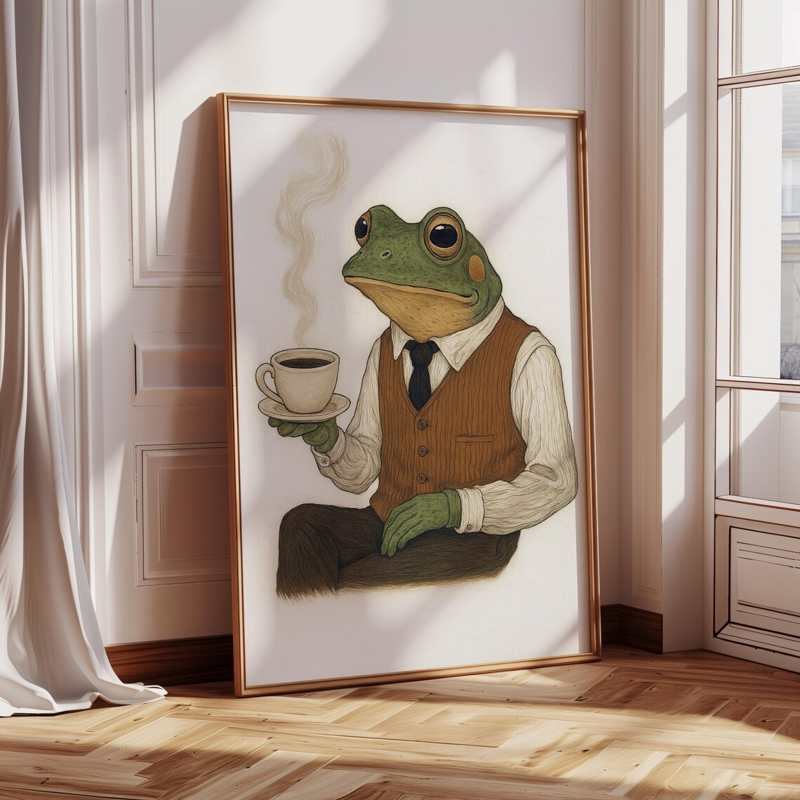 Dapper Frog Drinking Coffee, Whimsical Animal Portrait