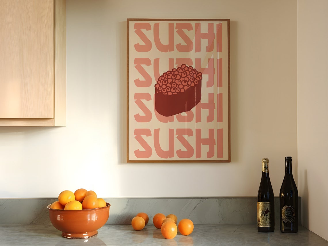 Pink Sushi Ikura Gunkan Bold Retro Typography Japanese Kitchen Poster