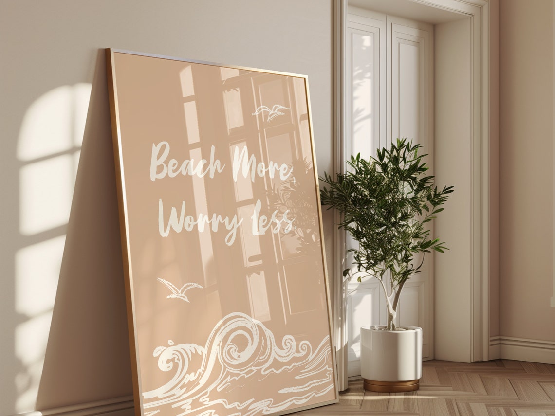 Beach More Worry Less Tan Waves Seagulls Relaxed Coastal Poster - Image 2