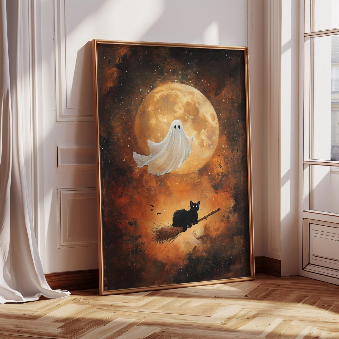 Cute Halloween Ghost and Black Cat, Spooky Autumn Decor - Image 2