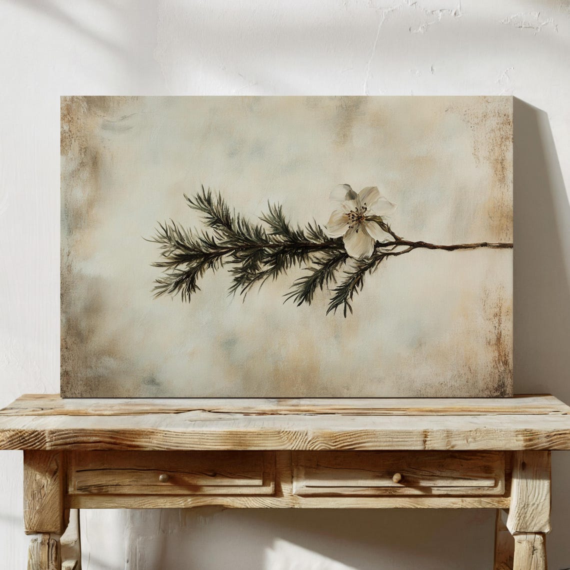 Minimalist Botanical Pine Branch White Blossom Rustic Nature Print